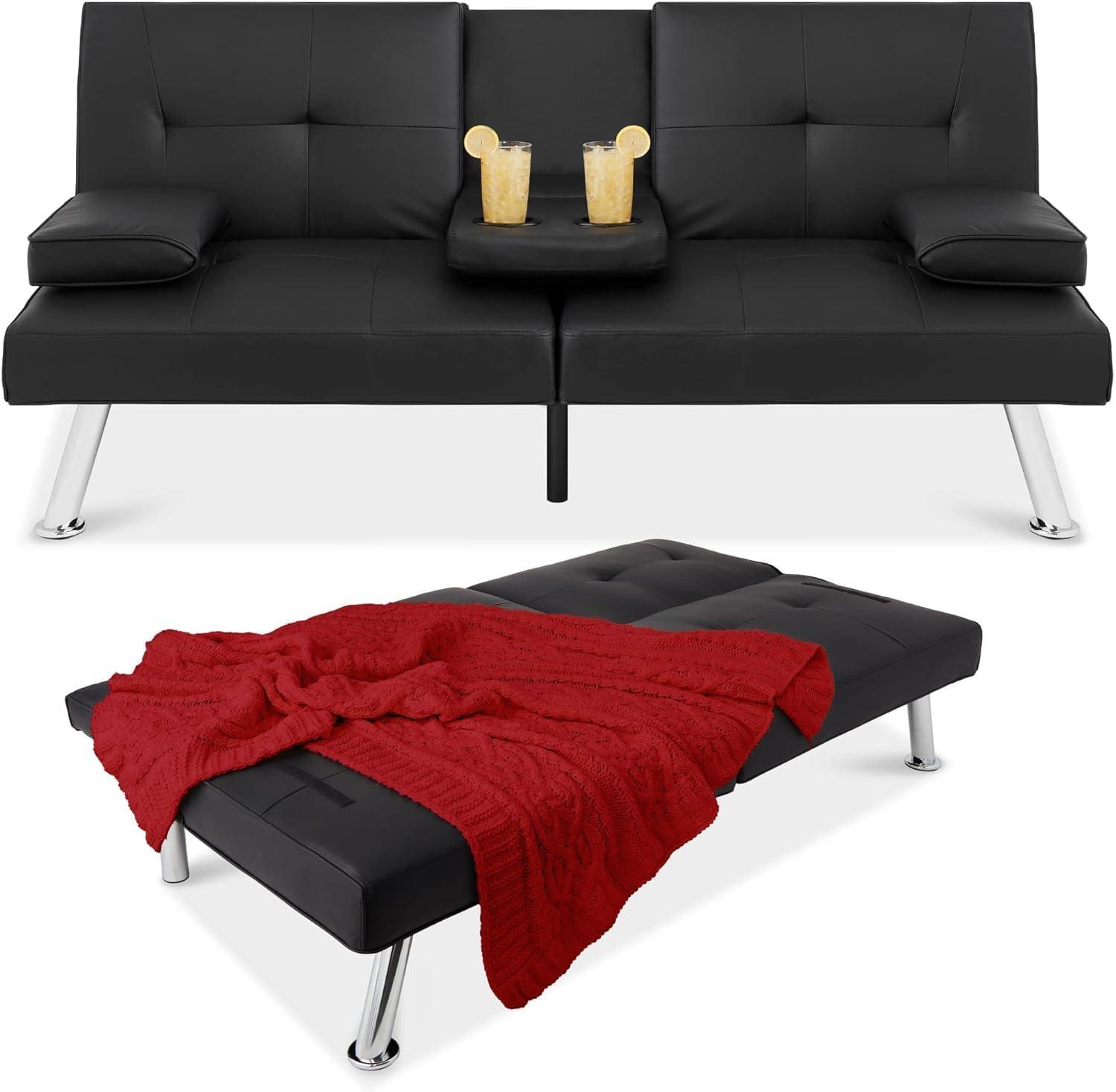 Hbaid Modern Faux Leather Couch Convertible Folding Futon Sofa Bed with 2 Cup Holders, Black
