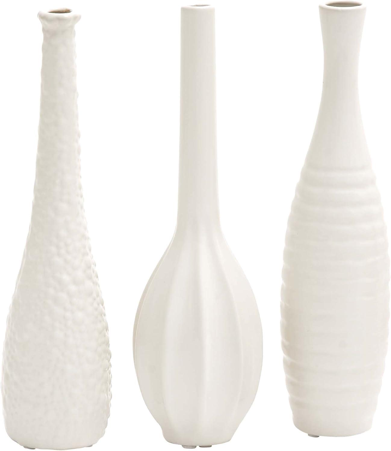 CosmoLiving by Cosmopolitan 3"W, 12"H Slim Textured Bottleneck White Ceramic Vase with Varying Patterns, Set of 3