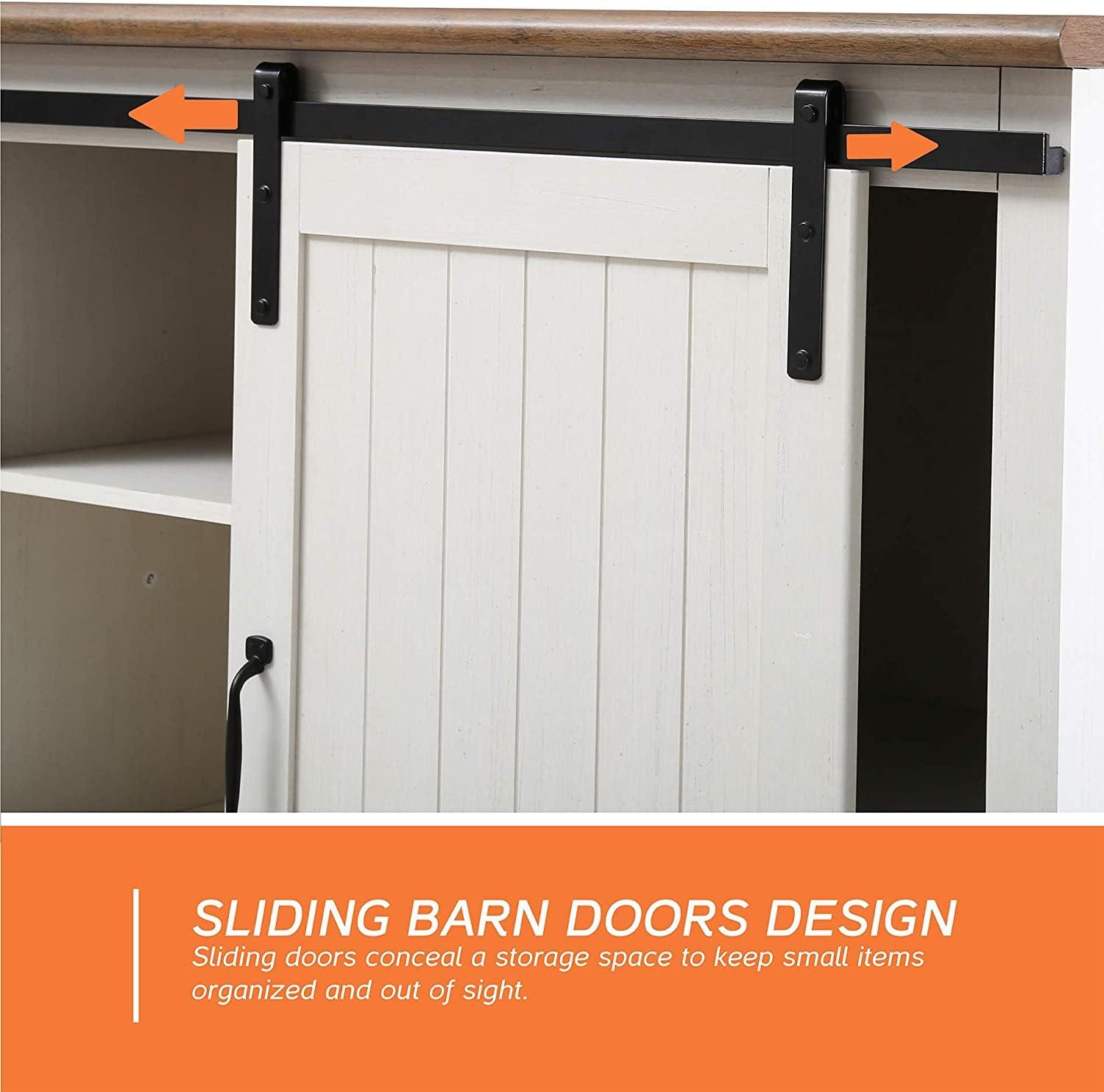 WAMPAT Farmhouse Coffee Bar Cabinet with Sliding Barn Door, Wood Sideboard Buffet Cabinet with Adjustable Shelf & Metal Leg, Kitchen Cabinet for Dining Room, Living Room, White, 35 Inch