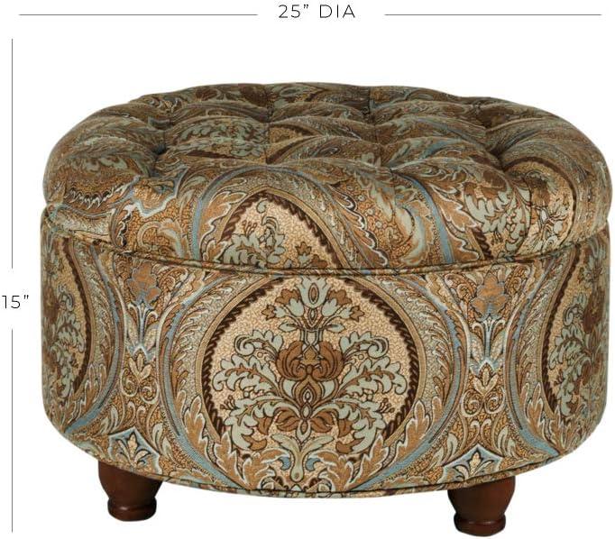 Brown and Teal Paisley Tufted Round Storage Ottoman