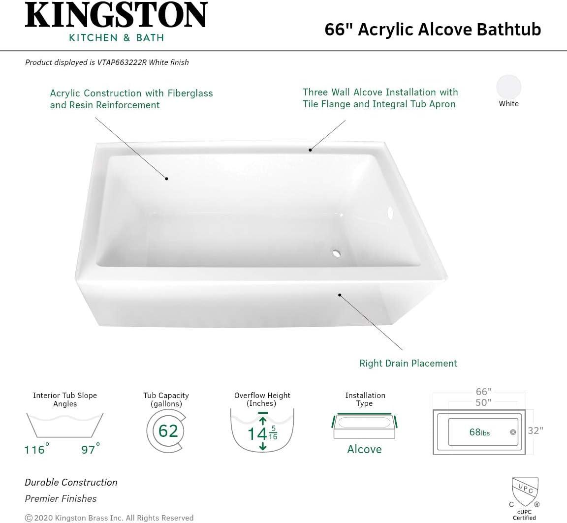 Kingston Brass Aqua Eden 66-Inch Acrylic Rectangular 3-Wall Alcove Tub