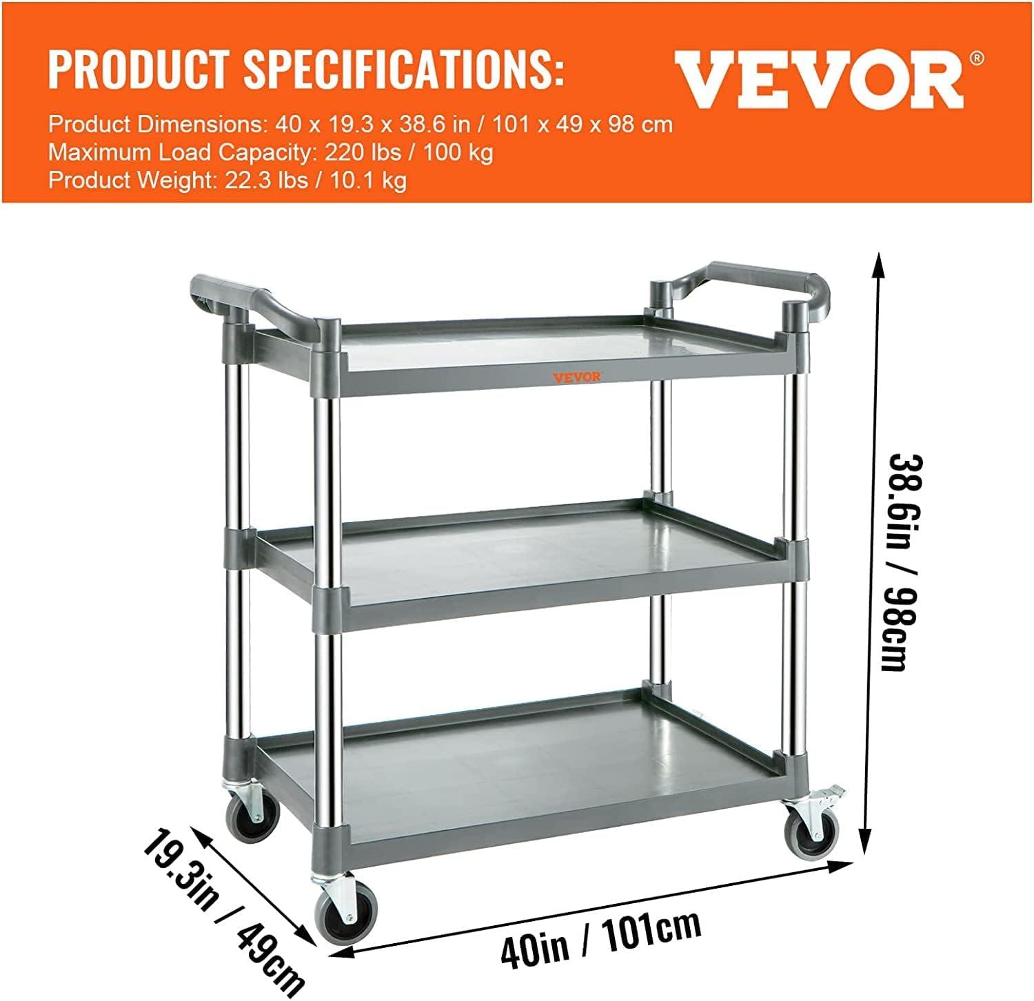 Utility Service Cart, 3 Shelf Heavy Duty 220LBS Food Service Cart, Rolling Utility Cart with Lockable Wheels, 40" x 19.3" x 38.6" Plastic Utility Cart for Kitchen Office Restaurant Home, Grey