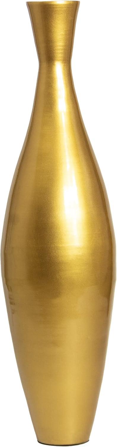 Tall 33 Inch Modern Bamboo Narrow Trumpet Floor Vase - Elegant Decoration Modern Accent Piece, Living Room Decor, Handcrafted Bamboo Art, Gold Small