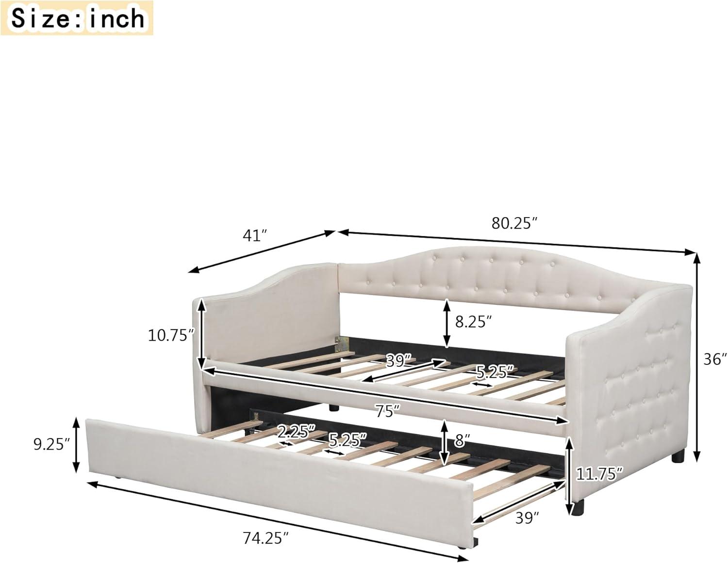 Twin Size Upholstered Daybed with a Trundle, Daybed Frame with backrest and Armrest, Beige