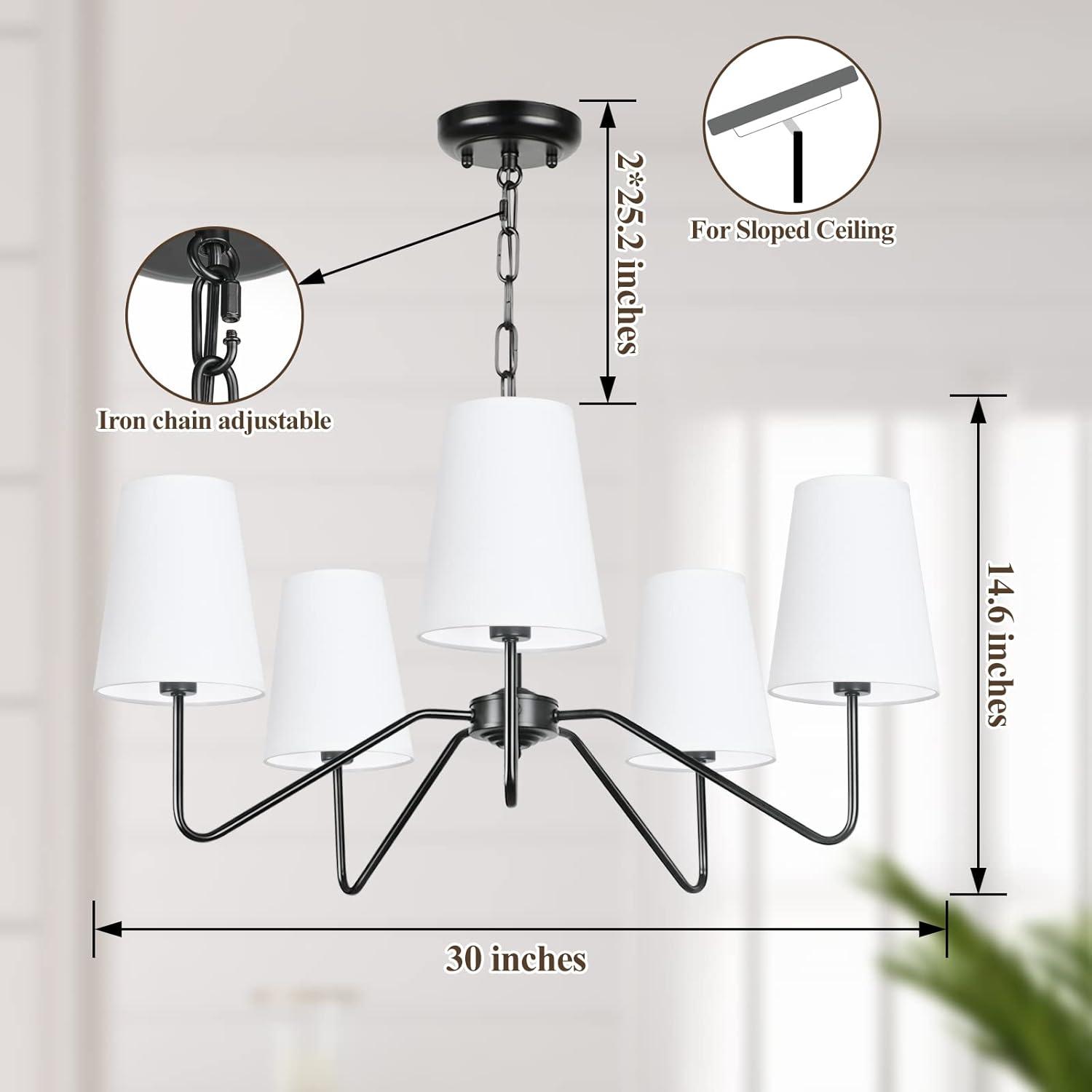 5-Light 30” Modern Chandelier with White Shades, Classic Pendant Ceiling Light Fixture for Dining Room, Black Chandelier with E12 Base Hanging Lamp for Living Room Hallway Bedroom, Height Adjustable