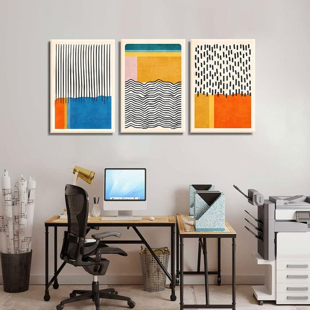 Midcentury Modern Framed Wall Art for Living Room Set of 3 Mid Century Modern Abstract Canvas Painting Print Boho Color Blocks Home Decor Colorful Minimalist Pictures for Bedroom 12"x16"x3