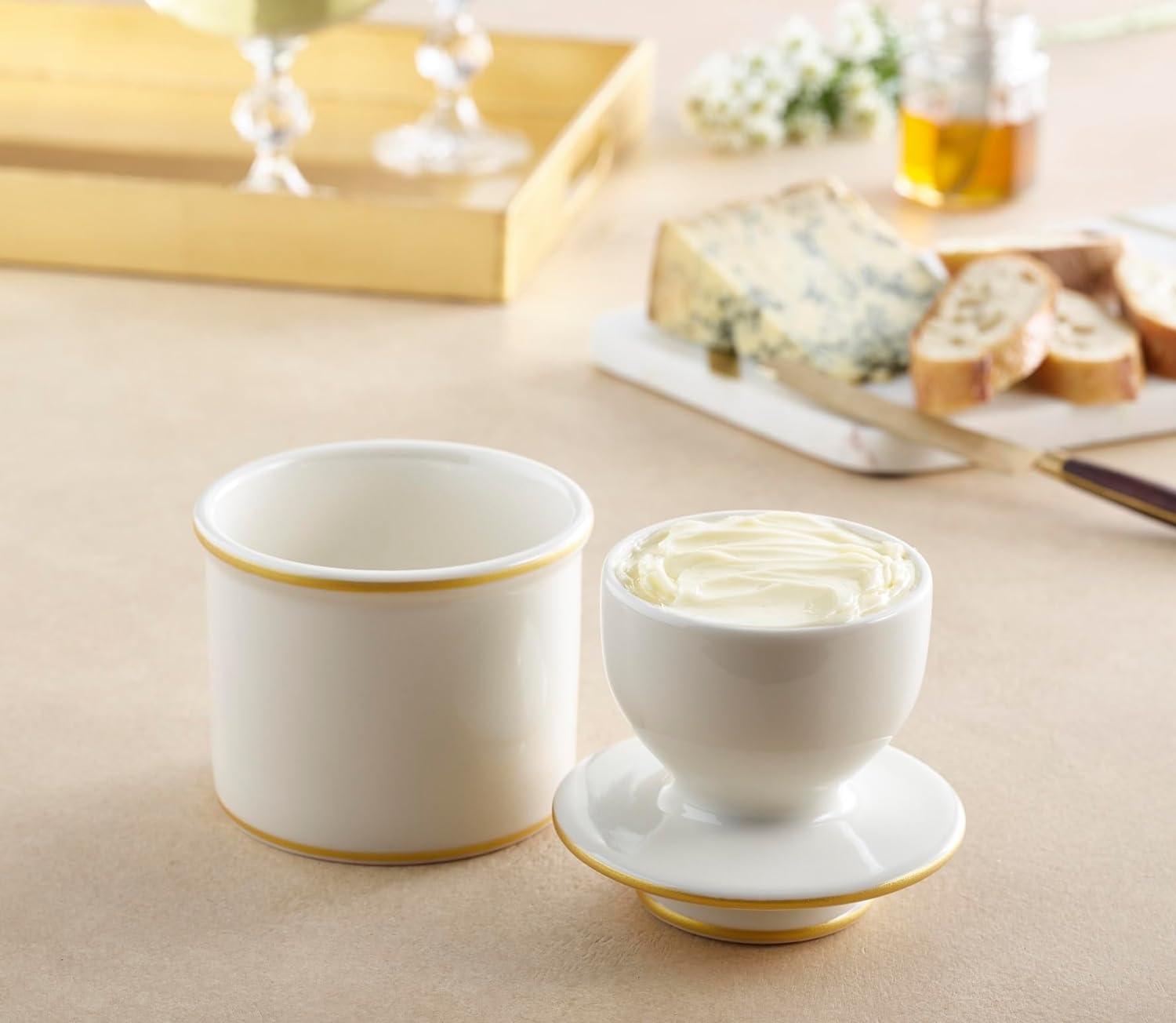 The Original Butter Bell® Crock By L. Tremain - French Butter Crock For Spreadable Soft Butter, Ceramic Butter Keeper for Counter, White with Gold Trim Butter Holder, 1 Piece, 3.94 x 3.94 x 4.14