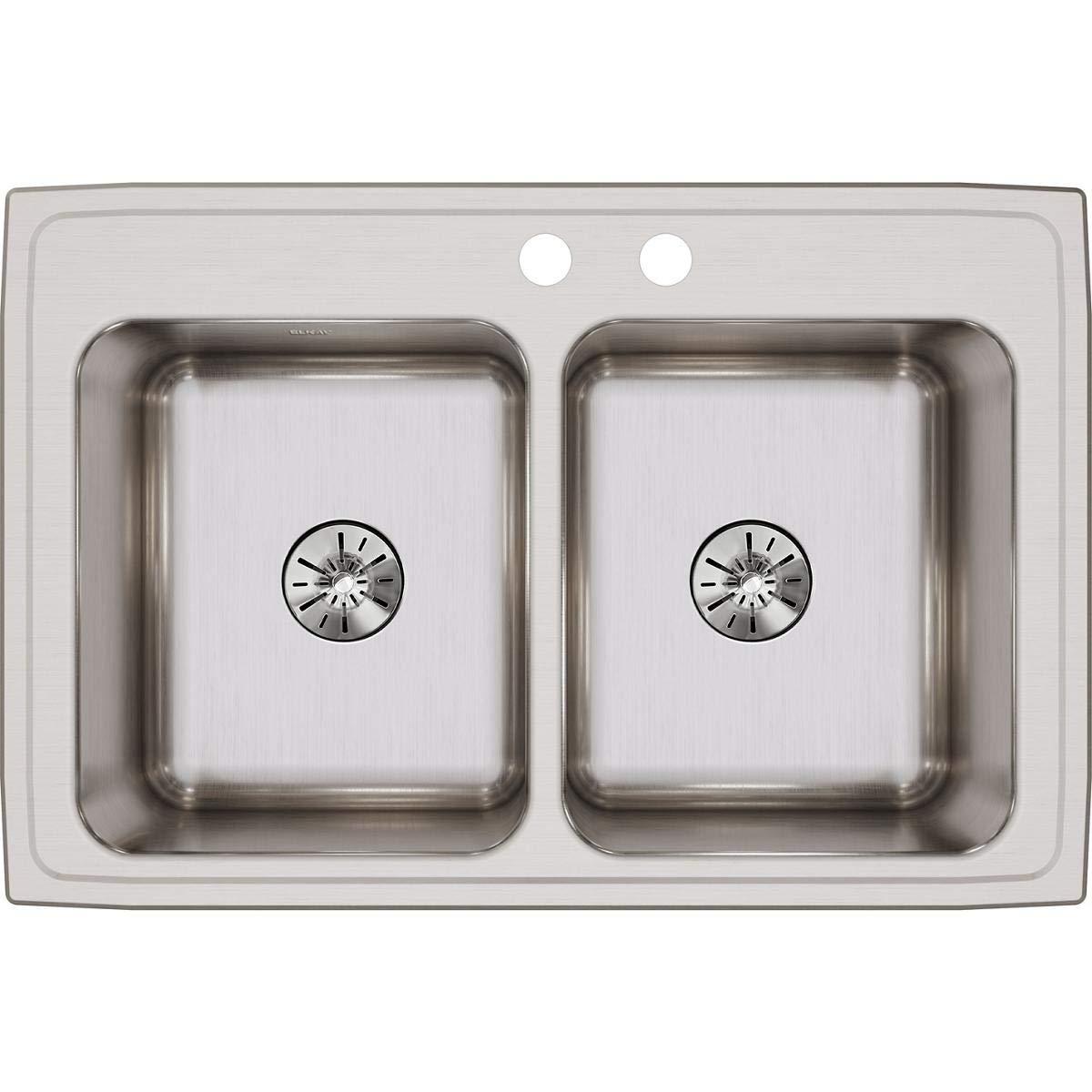 Elkay DLR332210PDMR2 Lustertone 33" L x 22" W Double Basin Drop-In Kitchen Sink with Drain Assembly