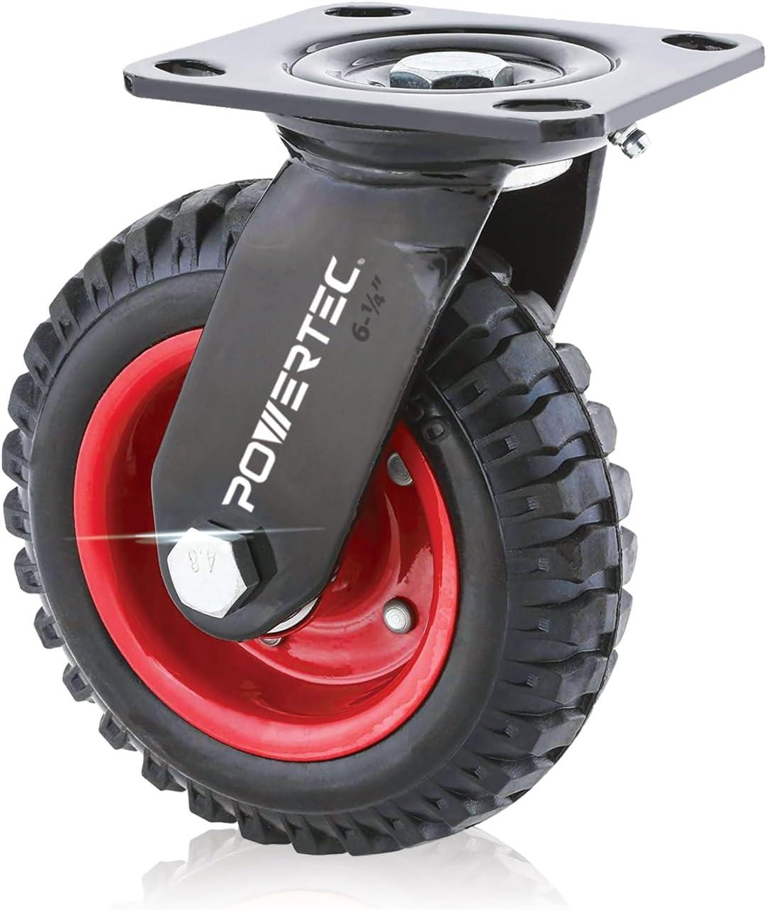 POWERTEC 6 Inch Caster Wheels, Heavy Duty Swivel Plate Casters with Rubber Knobby Tread for Workbench, Dolly, Cart, Trolley, Wagon and Chicken Coop, Large Rubber Castor Wheels (17050)