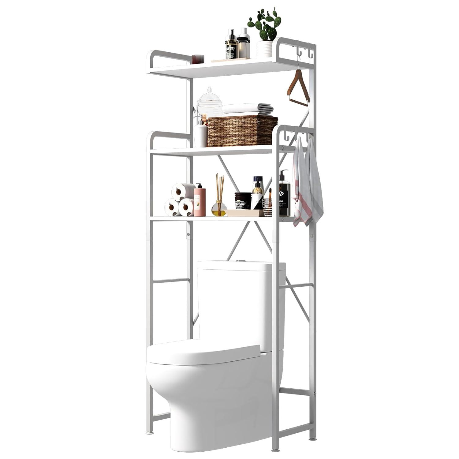 Over The Toilet Storage Rack with 3-Tier Bathroom Shelves, Space Saver Toilet Shelf, Bathroom Storage Organizer with Hooks for Over Toilet Storage and Shelf (White)