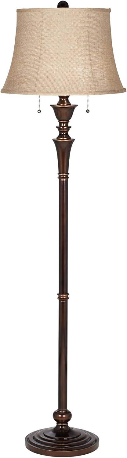 Regency Hill Brooke Rustic Vintage Retro Floor Lamp Standing 60" Tall Rich Bronze Copper Burlap Bell Shade for Living Room Bedroom Office House Home