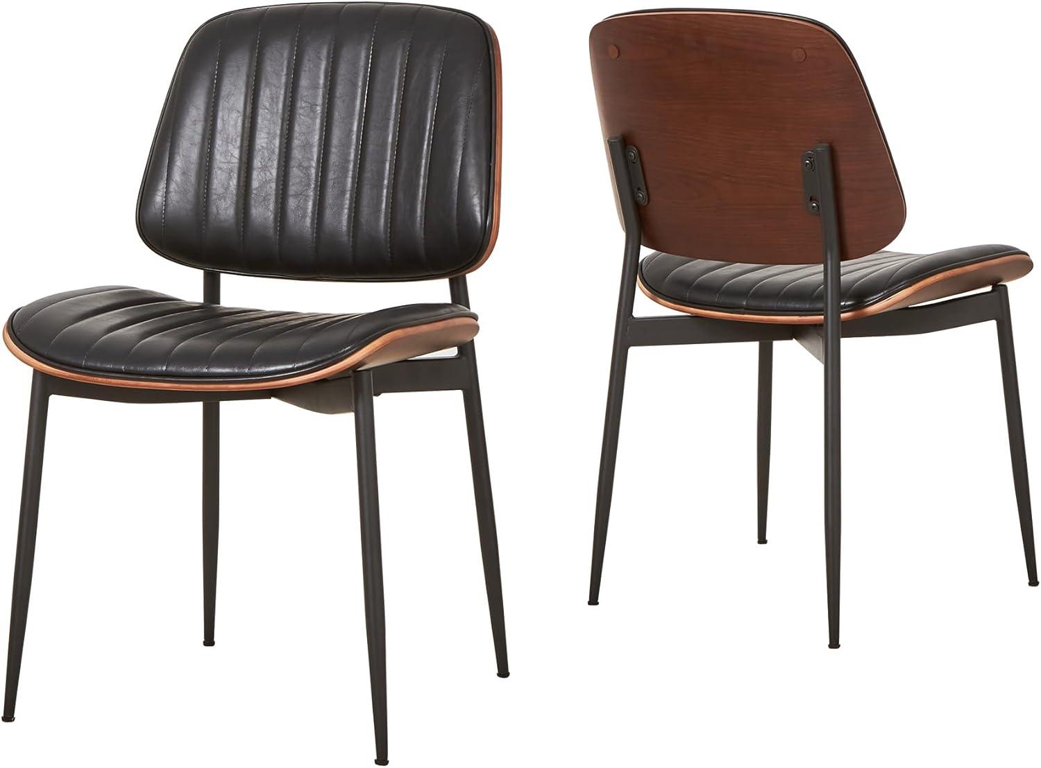 Black Faux Leather and Walnut Wood Upholstered Side Chair