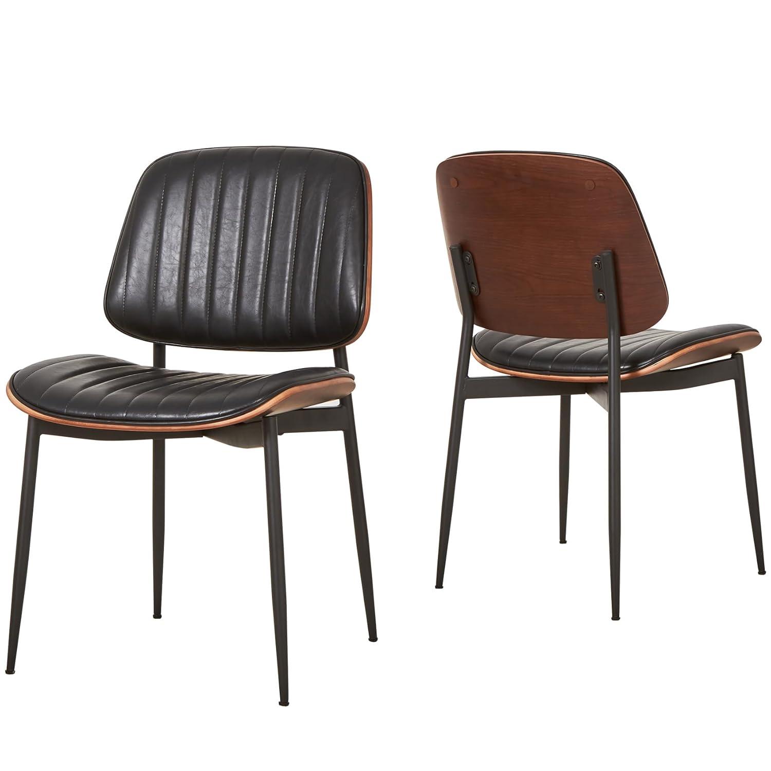 Dining Chairs Set of 2, Mid Century Modern Retro Faux Leather Chair with Walnut Bentwood Back, Upholstered Seat Metal Legs & Adjustable Foot for Kitchen Dining Room Chairs(Black PU)