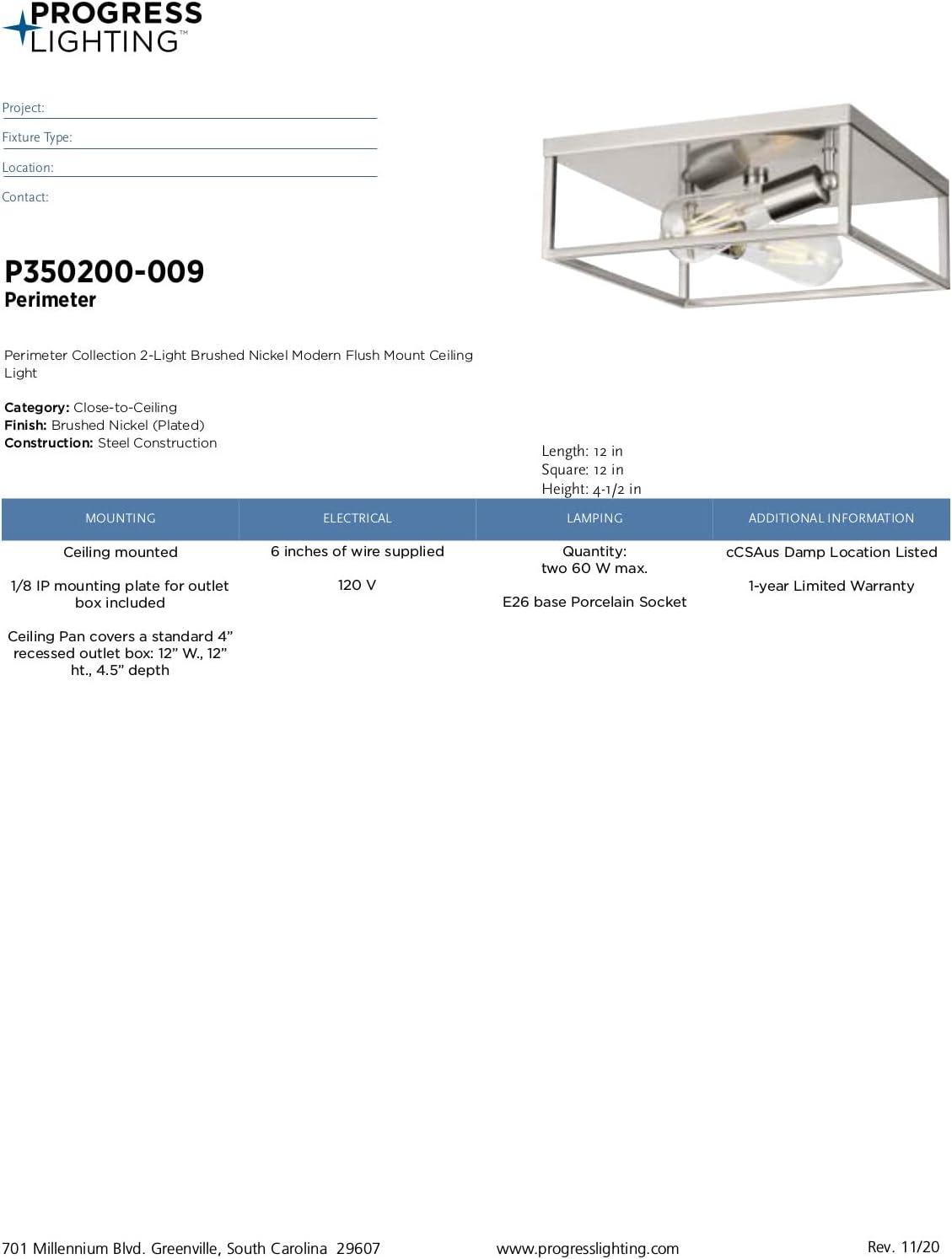 Progress Lighting, Perimeter Collection, 2-Light Flush Mount Ceiling Light, Brushed Nickel, Open-Frame Design