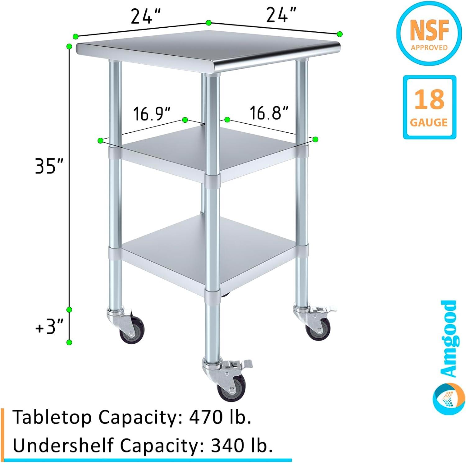 AmGood 24" Long x 24" Deep Stanless Steel Work Table with Casters | Mobile Metal Table