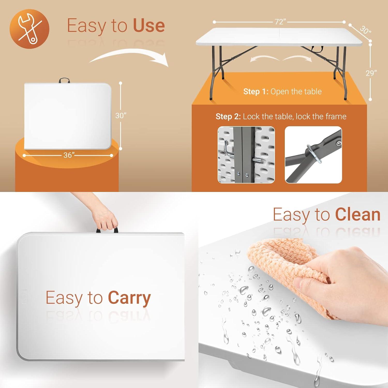 VINGLI 6 ft 3-Piece Portable Picnic White Table Bench Set, Weather-Resistant Plastic Folding Camping Beer Table w/Carrying Handles, for Family Garden Patio Outdoor Activities Use