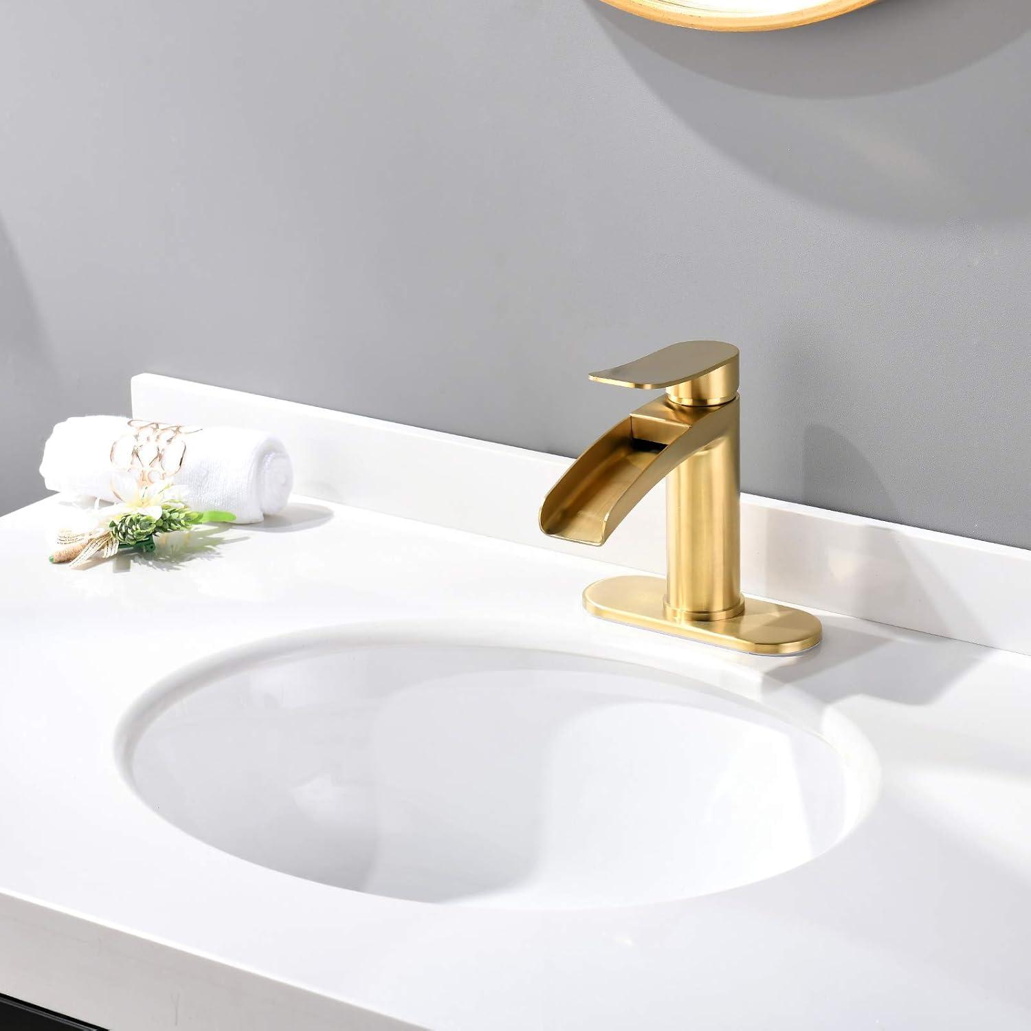 Waterfall Bathroom Sink Faucet Single Handle, with 4-Inch Deck Plate & Metal Pop Up Drain Assembly by phiestina Gold