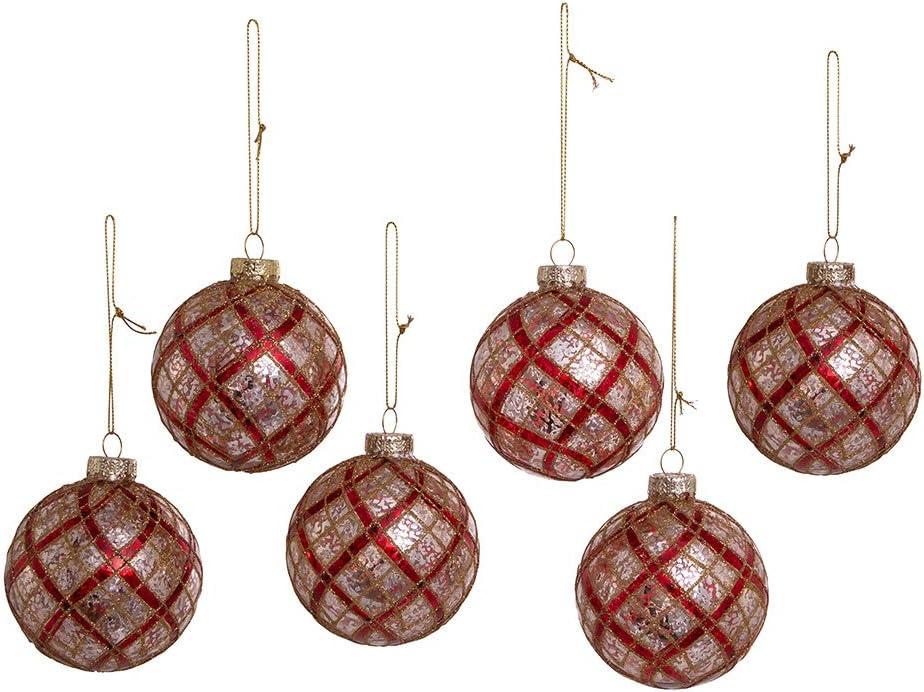 80mm Silver with Gold and Red Plaid Glass Ball Ornaments, 6-Piece Set