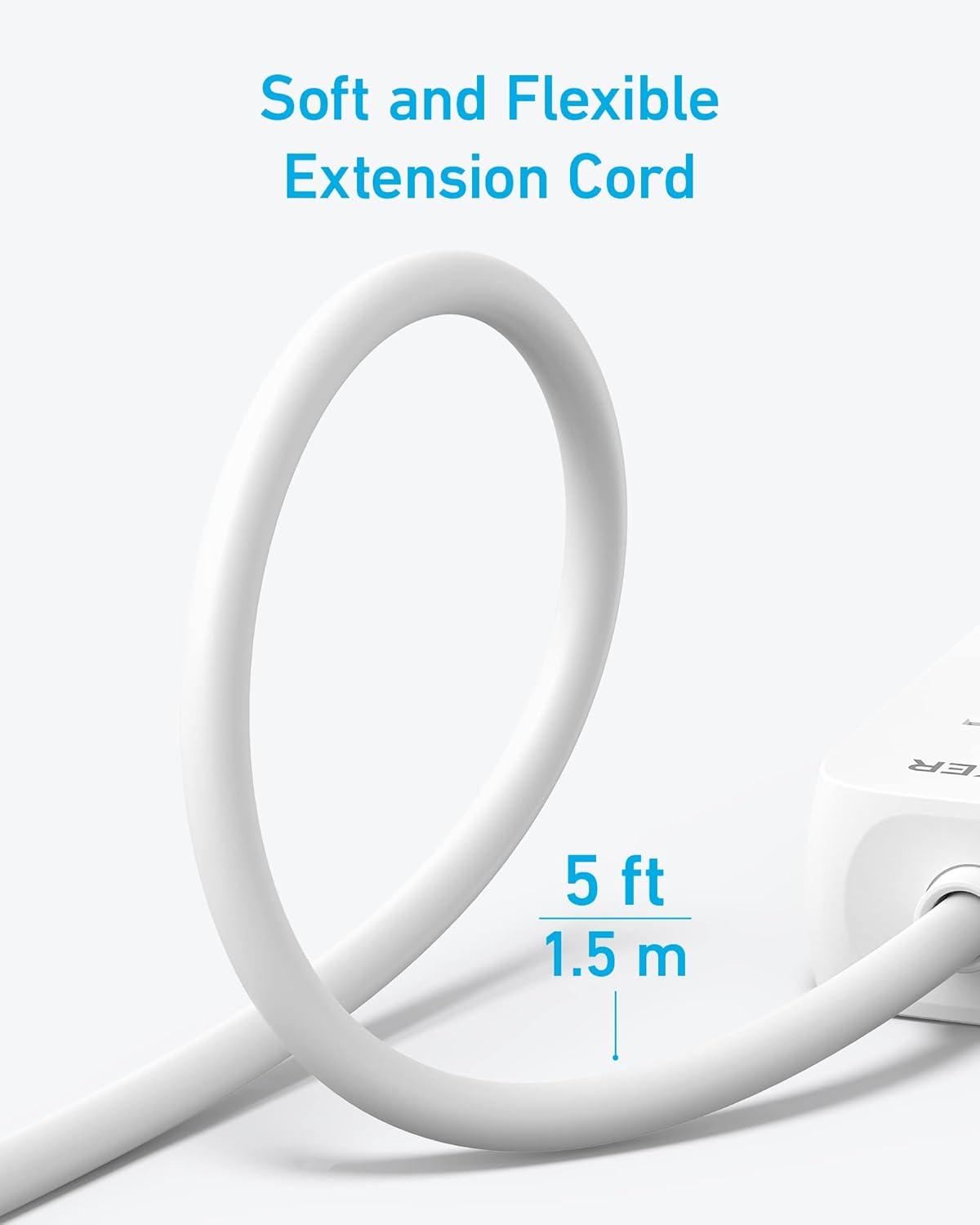 Anker Flat Plug Extension Cord,Small Power Strip Surge Protector(300J),5ft for iPhone 15/15 Plus/15 Pro/15 Pro Max, with 3AC Outlets,Surge Protection,Compact for Travel,Home,Dorm,Office,ETL Certified