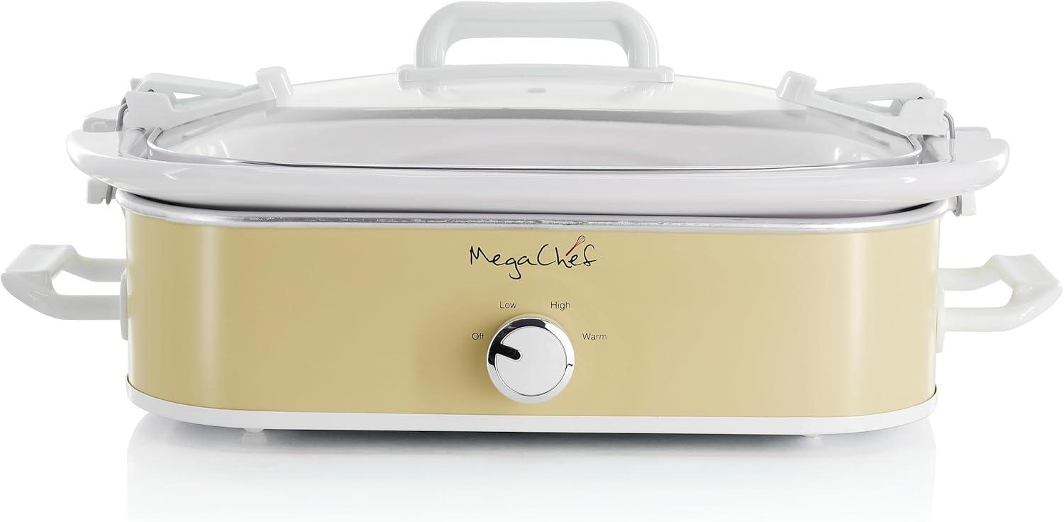 MegaChef 3.5qt Casserole Slow Cooker with 3 Temperature Settings Cream: Stainless Steel, Stoneware, Glass, Dishwasher-Safe Parts