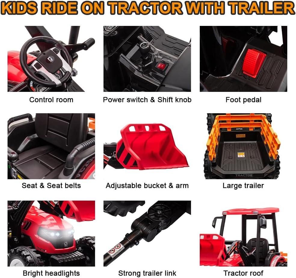 24V Red Ride-On Tractor with Loader and Trailer