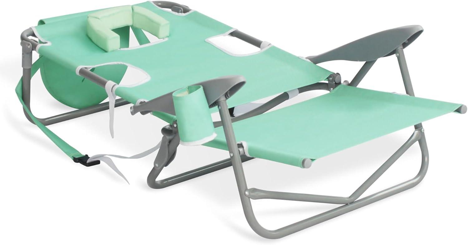 Teal Folding Reclining Beach Chairs with Arms and Cup Holder, Set of 2