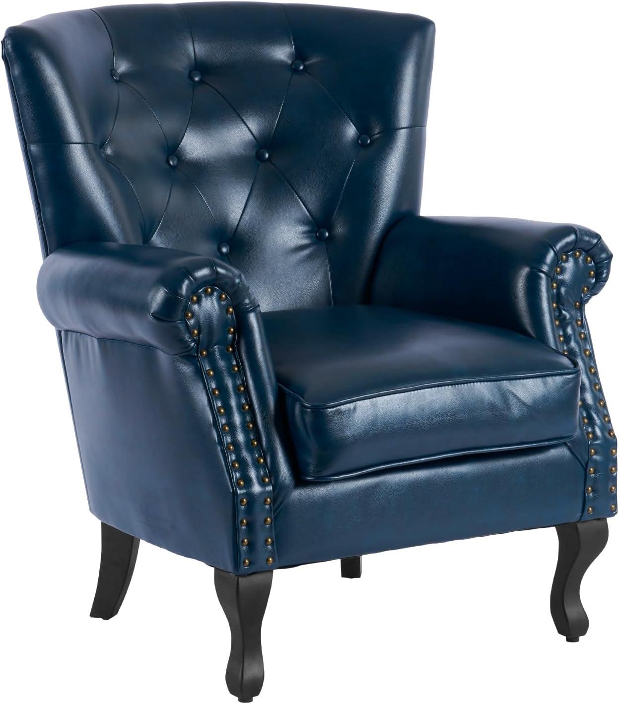 Navy Faux Leather Tufted Accent Chair with Wood Legs