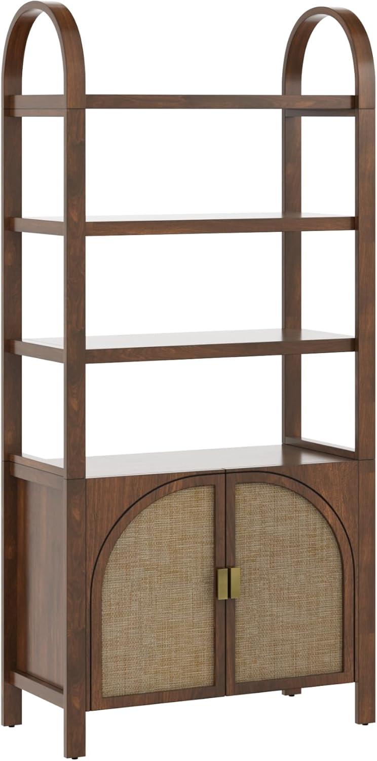 Boho 3-Shelf Bookshelf Cabinet With Rattan Doors