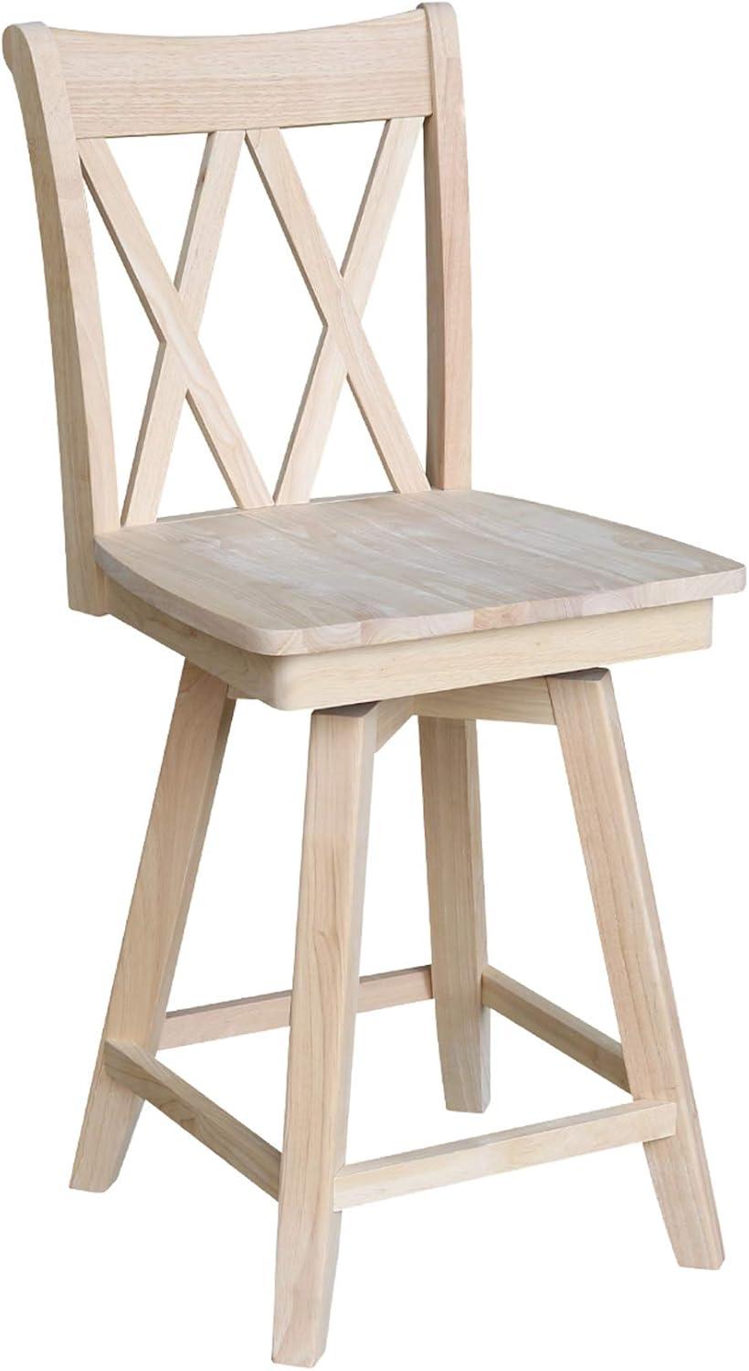 24" Double X Back Counter Height Barstool with Swivel and Auto Return Unfinished - International Concepts: Hardwood Frame