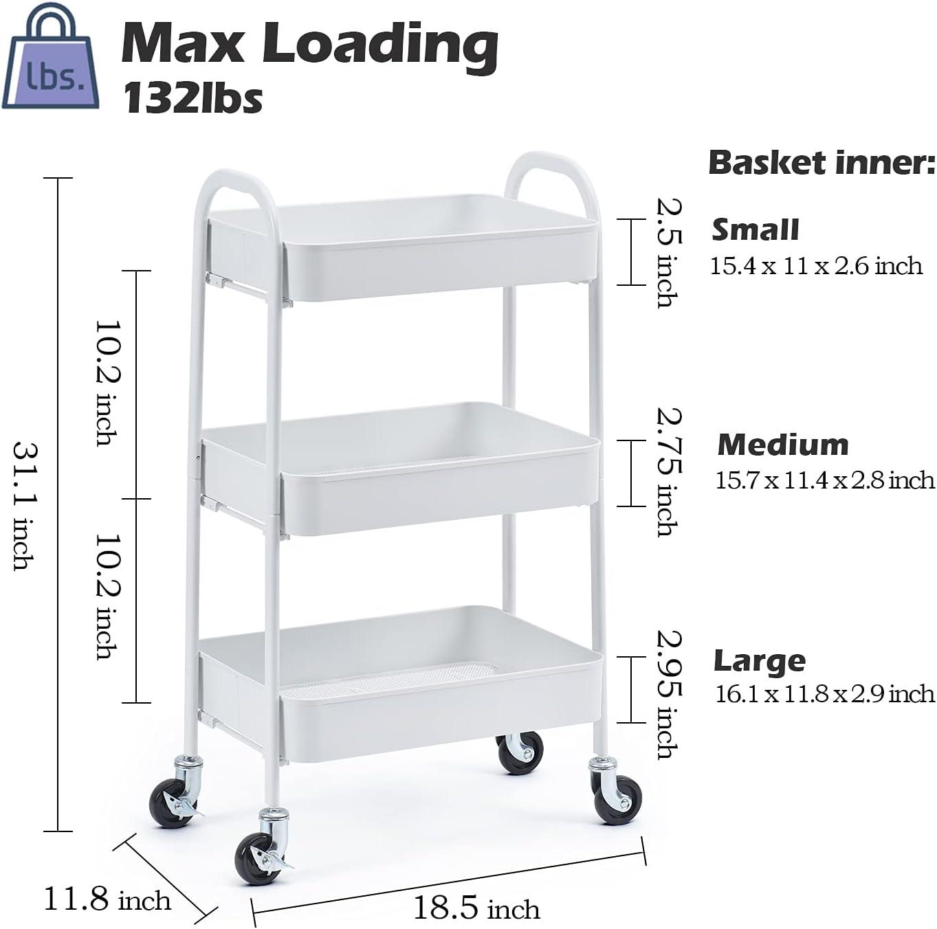 White 3-Tier Carbon Steel Rolling Utility Cart with Locking Wheels