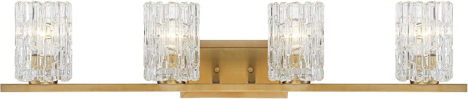 Possini Euro Design Icelight Modern Wall Light Warm Brass Hardwire 36" 4-Light Fixture Textured Ice Glass for Bedroom Bathroom Vanity Living Room