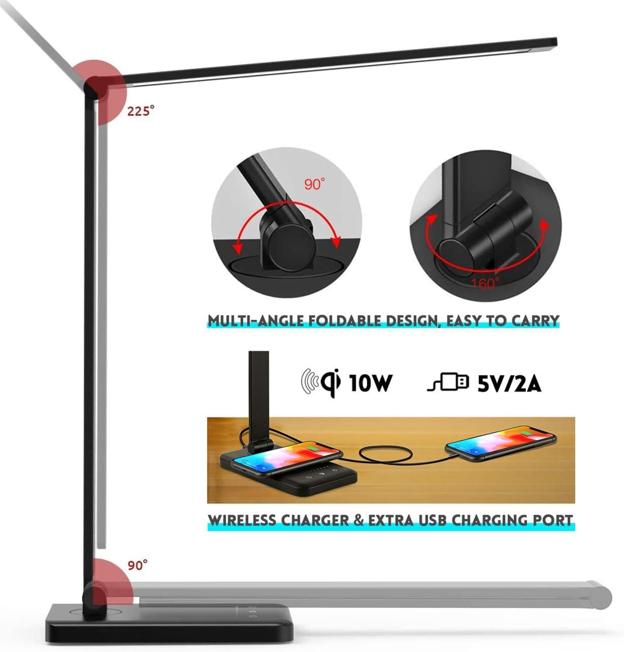 Black Adjustable LED Desk Lamp with Wireless Charger and USB Port