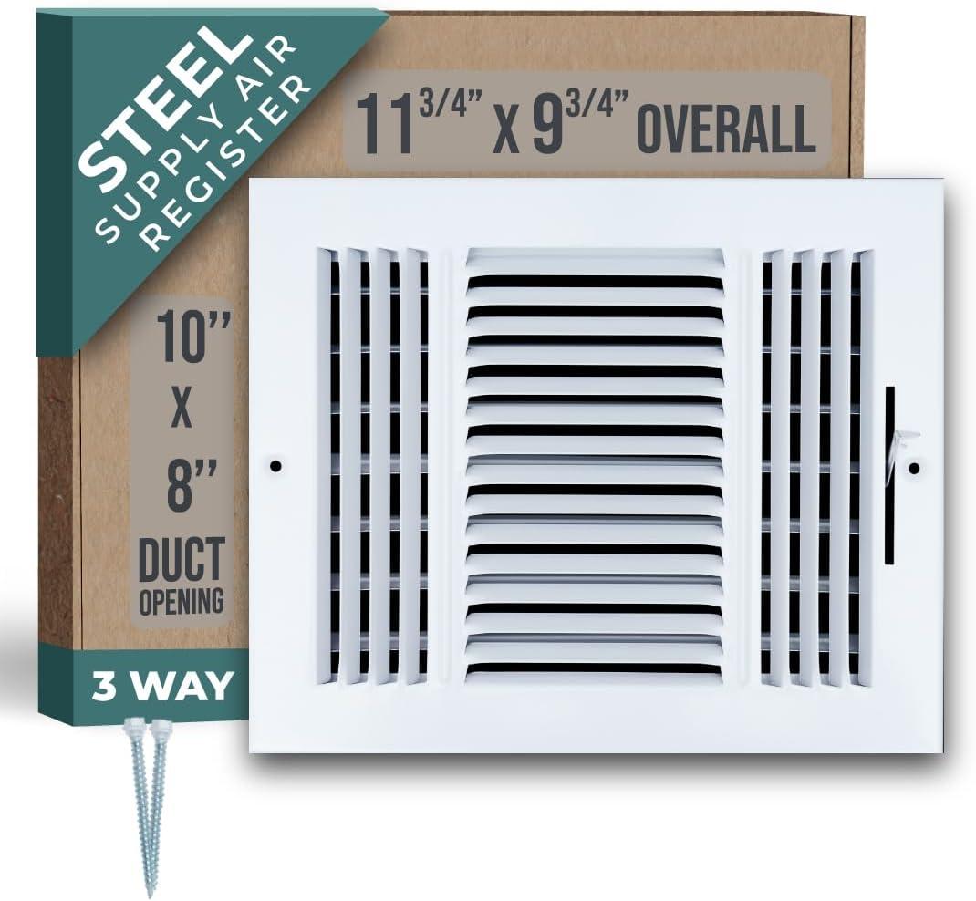 Fits 10x8 Duct Opening 3 WAY Steel Air Supply Diffuser by Handua | Register Vent Cover Grill for Sidewall and Ceiling | White | Outer Dimensions: 11.75" X 9.75"