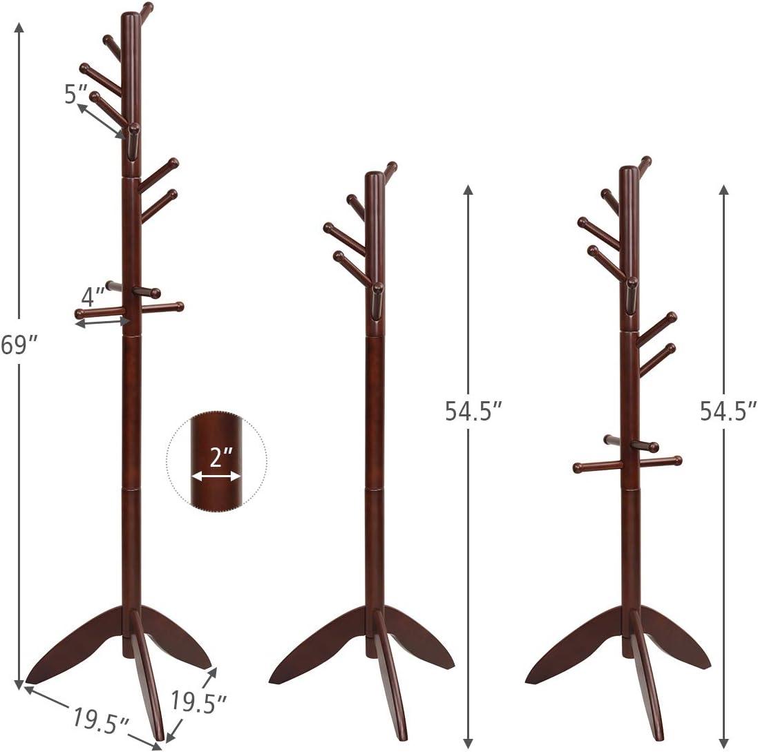 Dark Brown Rubber Wood Freestanding Coat Rack with 11 Hooks