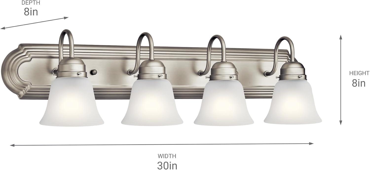 Brushed Nickel 30" 4-Light Vanity Light with White Bell Shades