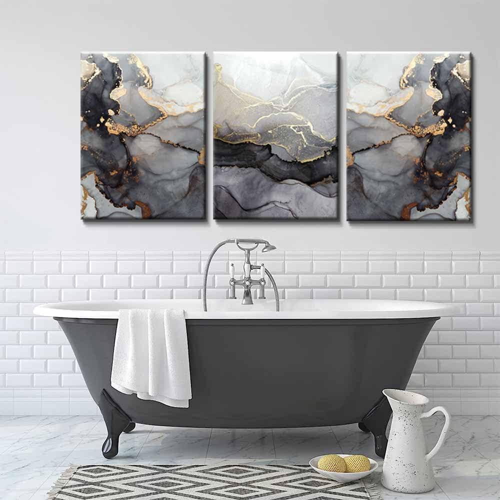 3Pcs Abstract Marble Wall Art Black and Gold Bathroom Decor Nordic Watercolor Gray White Fluid Ink Lines Canvas Picture Contemporary Painting Artwork for Living Room Bedroom Office Home Decor