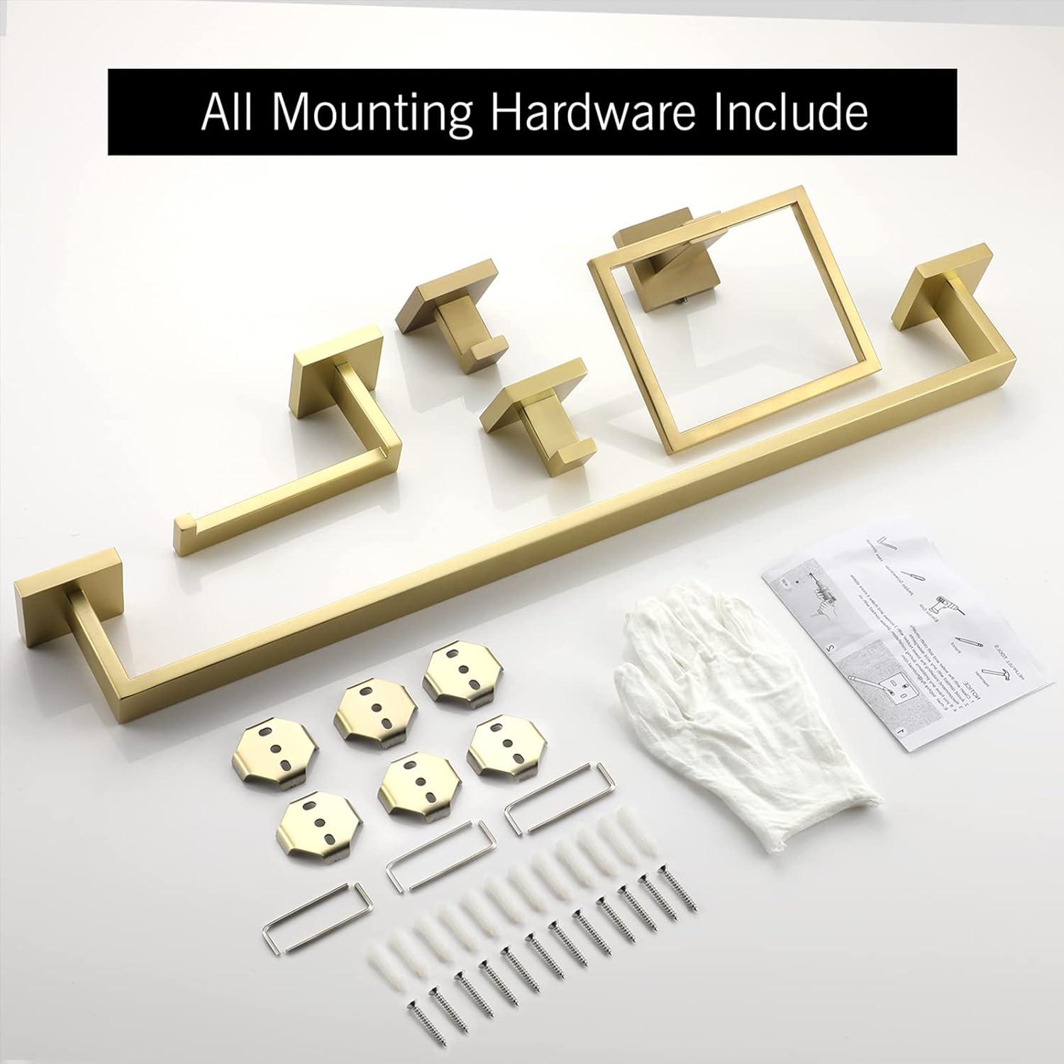 Bathroom Hardware Accessories Set 5-Pieces Stainless Steel Brushed Gold Square 24" Towel Bar Holder 2 Robe Hooks Towel Ring Sets Wall Mounted,A8808-5BG