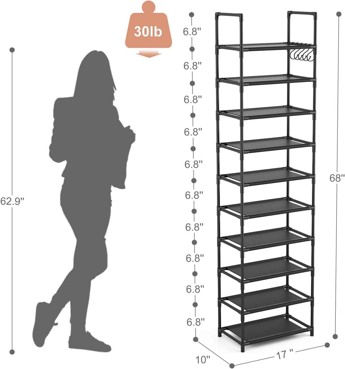 Shoe Rack Organizer, 10 Tier Tall Shoe Rack for Closet Entryway - Holds 20-25 Pairs with Hooks