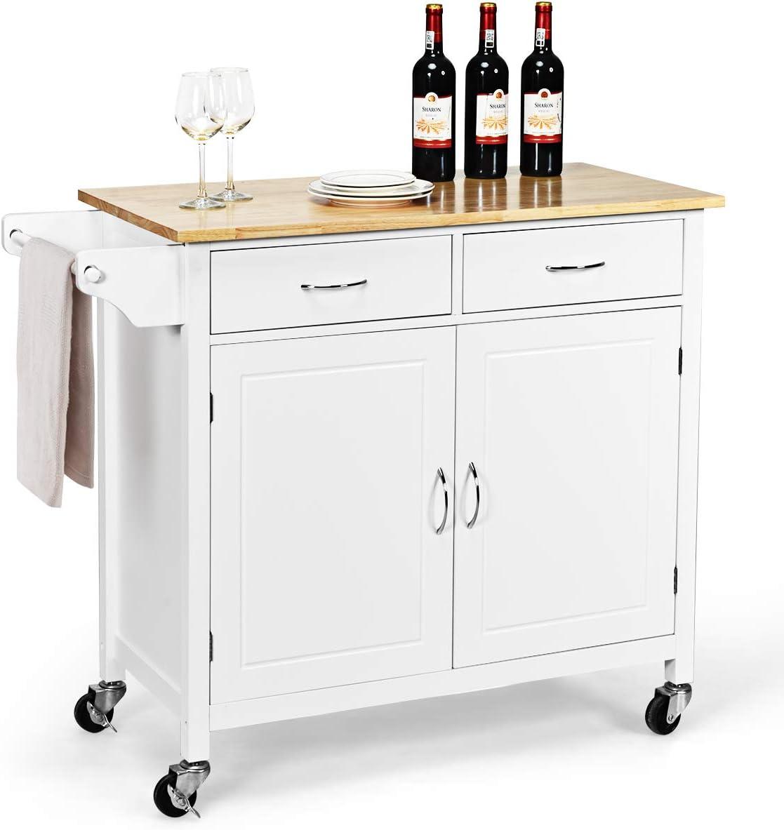 Elegant White Rolling Kitchen Cart with Rubber Wood Top and Storage