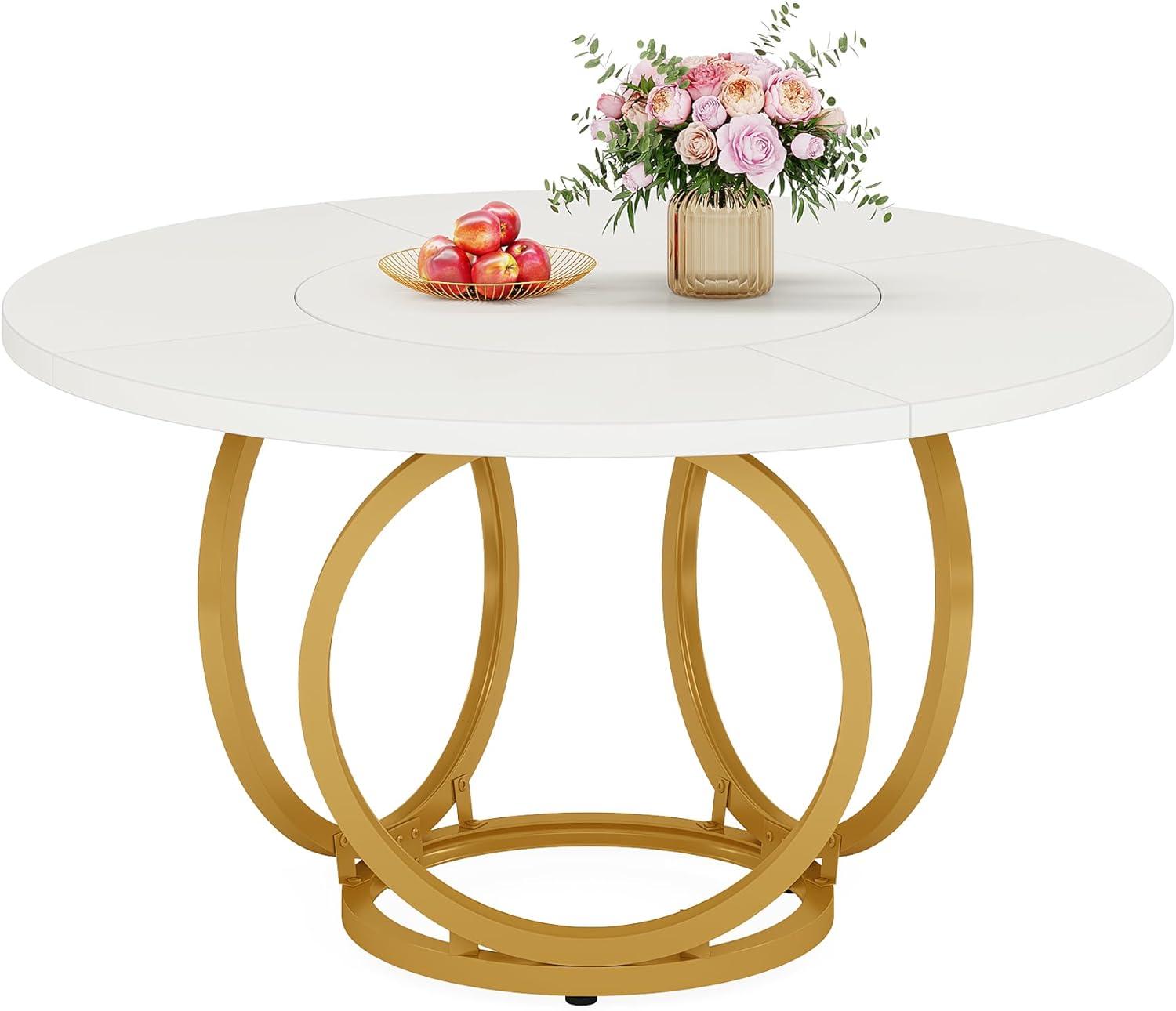 47 inch Dining Table for Dining Room, 4 People Round Dinner Table white & Gold