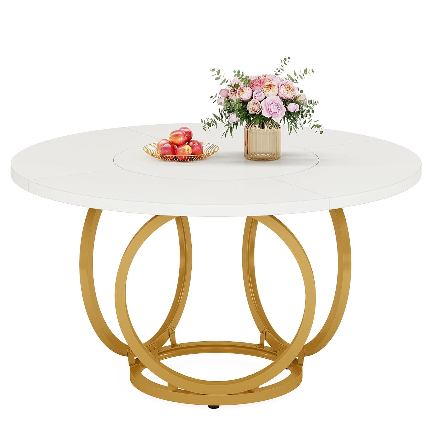 47 inch Dining Table for Dining Room, 4 People Round Dinner Table white & Gold