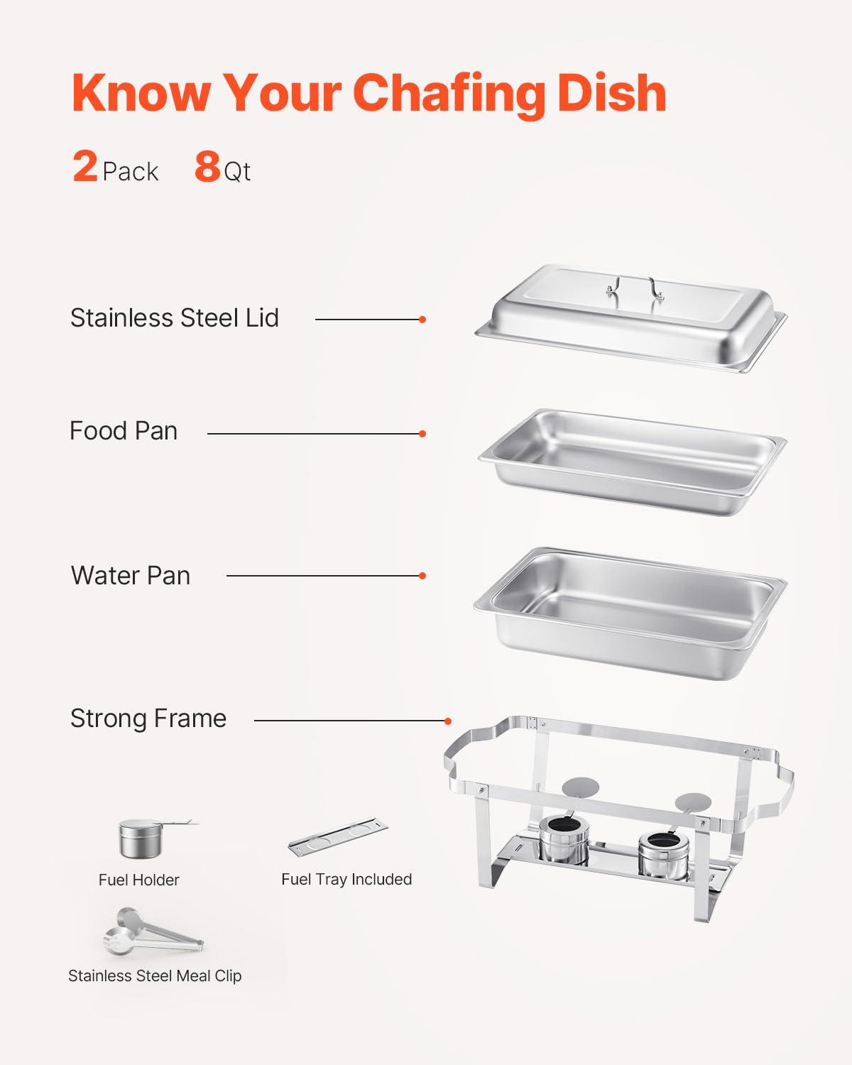 VEVOR Chafing Dish Buffet Set, 8 Qt 2 Pack, Stainless Chafer with 2 Full & 4 Half Size Pans, Rectangle Catering Warmer Server with Lid Water Pan Folding Stand Fuel Tray Holder Clip