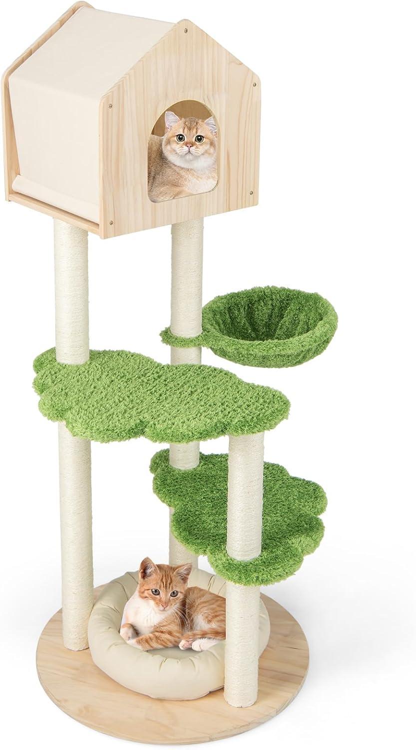 Latitude Run® Latitude Run® Wooden Cat Tree 55'' Tall Cat Climbing Stand W/ Sisal Scratching Posts Green
