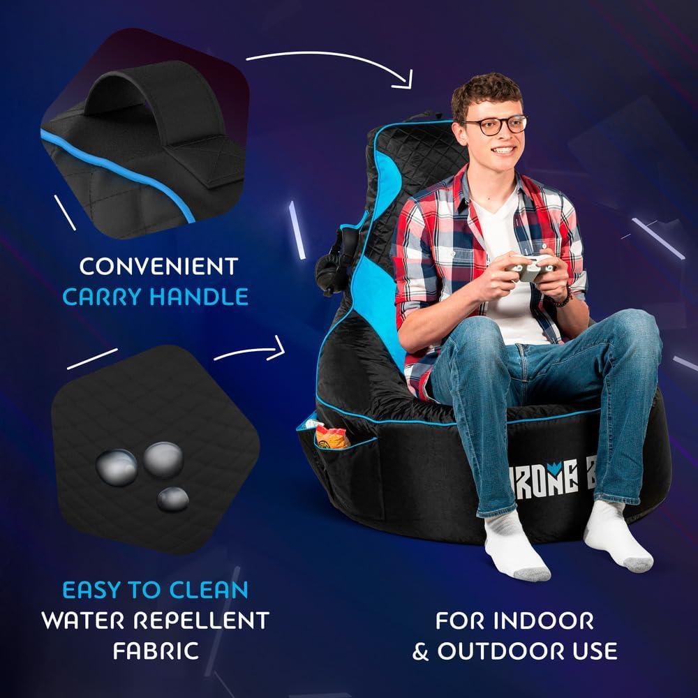 Gaming Bean Bag Chair for Adults and Teens [Cover ONLY No Filling] - High Back Beanbag or Dorm Chair with Cup Holder for Gamers (Black/Blue)