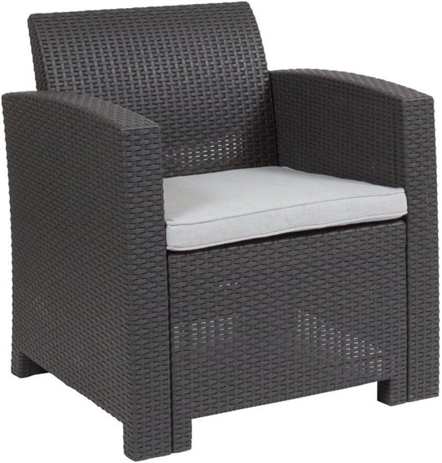 Merrick Lane 4 Piece Dark Gray Faux Rattan Patio Furniture Set with 2 Chairs and Sofa with Removable Light Gray Cushions and Table
