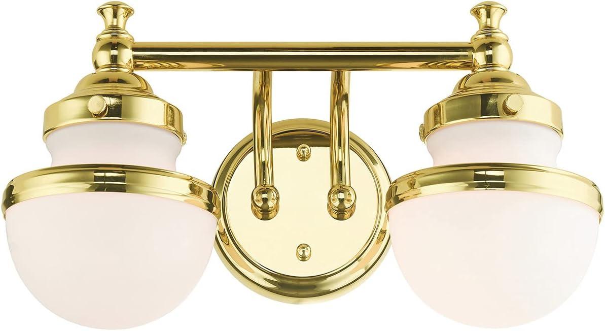 Oldwick Polished Brass 2-Light Vanity Sconce with Satin Opal White Glass