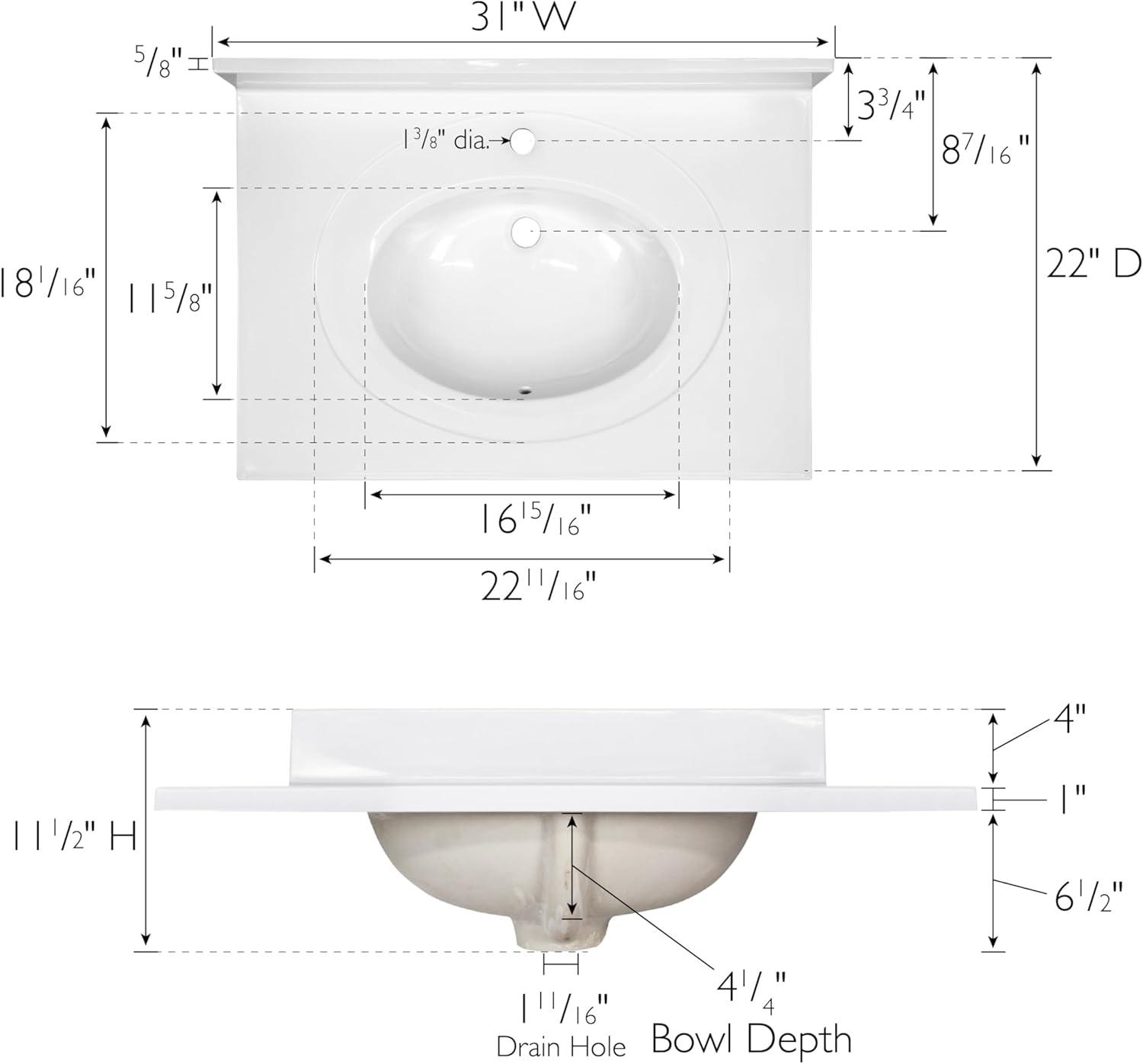 Cultured Marble Vanity Top – 31-Inch Single Bowl Sink Single-Hole with Integrated Backsplash – Reinforced Packaging – Solid White, Design House, 554592