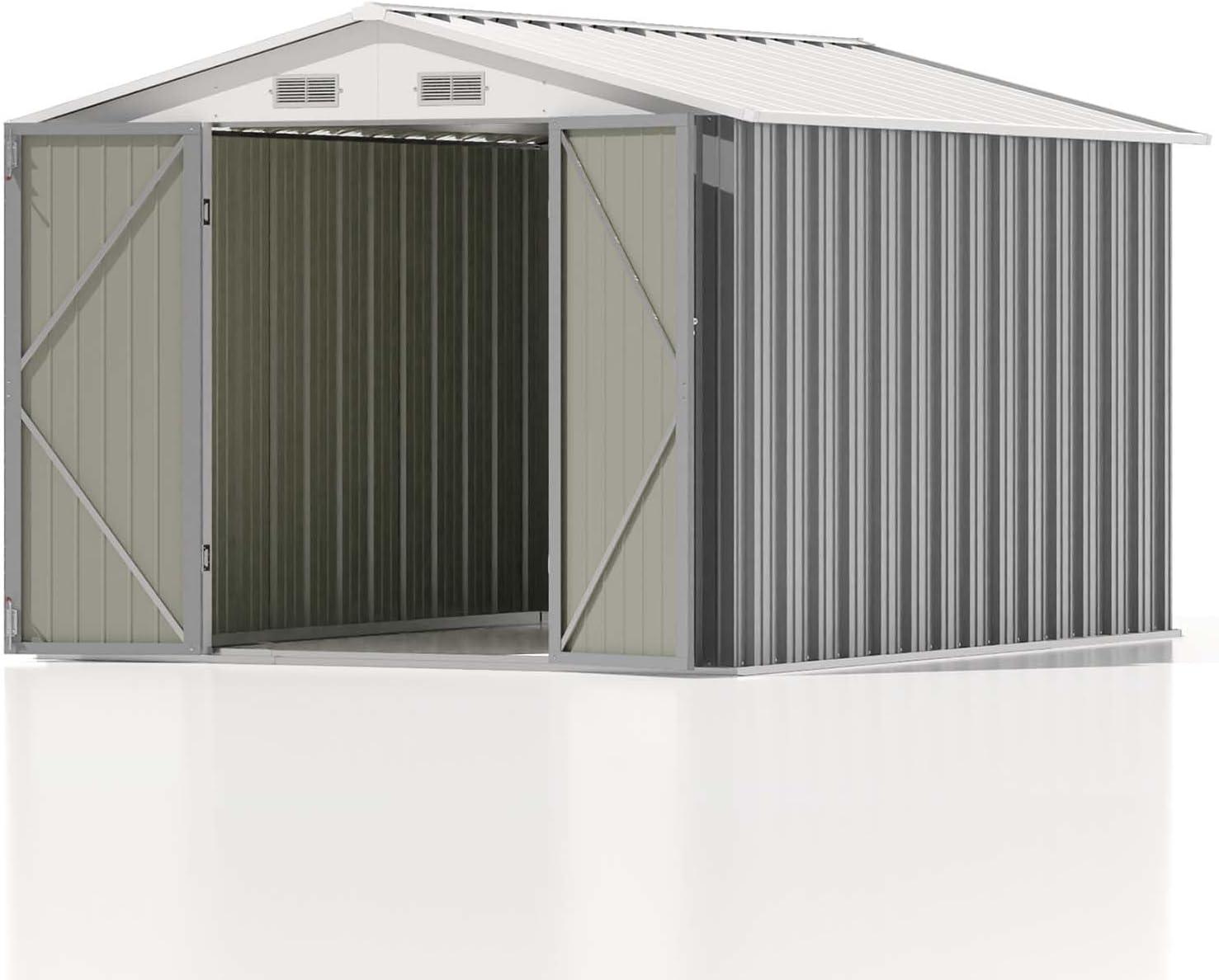 Patiowell  10 x 8 ft. Outdoor Storage Metal Shed with Sloping Roof and Double Lockable Door, Gray