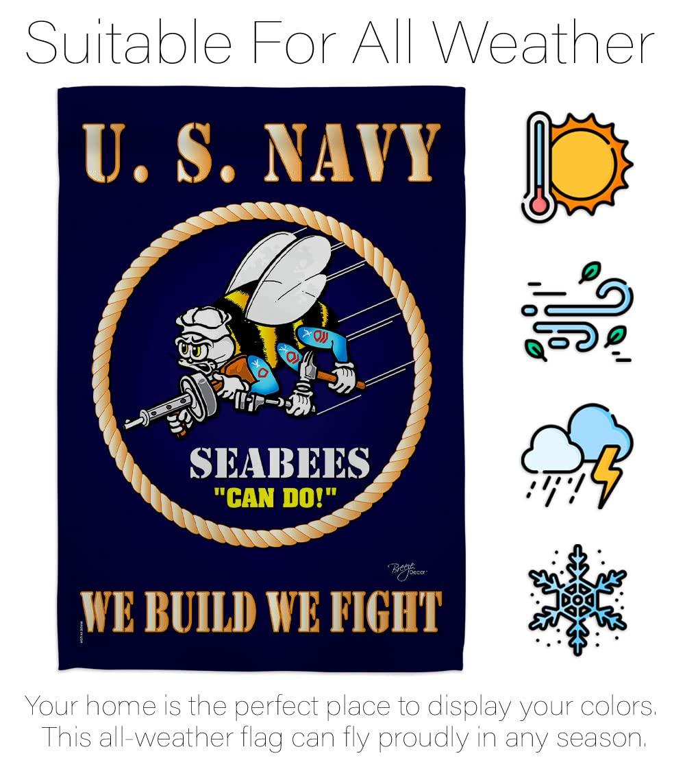 Breeze Decor Sea Bees House Flag - Armed Forces Navy USN Seabee United State American Military Veteran Retire Official - Decoration Banner Small Garden Yard Gift Double-Sided Made in USA 28 X 40