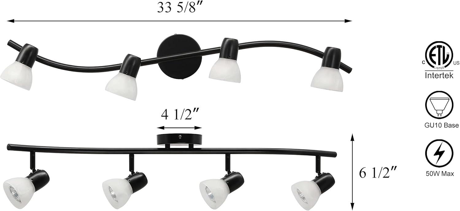 Modern Black Curved 4-Light Track Ceiling Fixture with Alabaster Glass